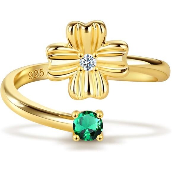 ✨ Four-Leaf Clover Birthstone Ring | Adjustable Gold Emerald Ring - Picture 1 of 6